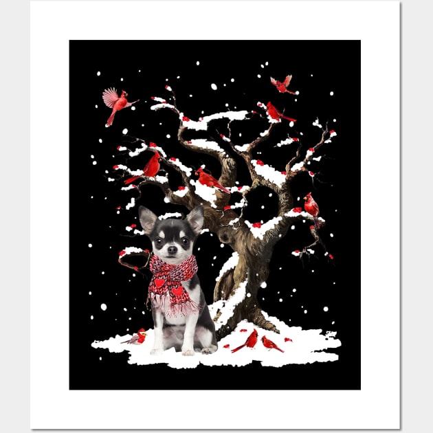 Black Chihuahua Scarf Cardinal Snow Christmas Wall Art by cogemma.art